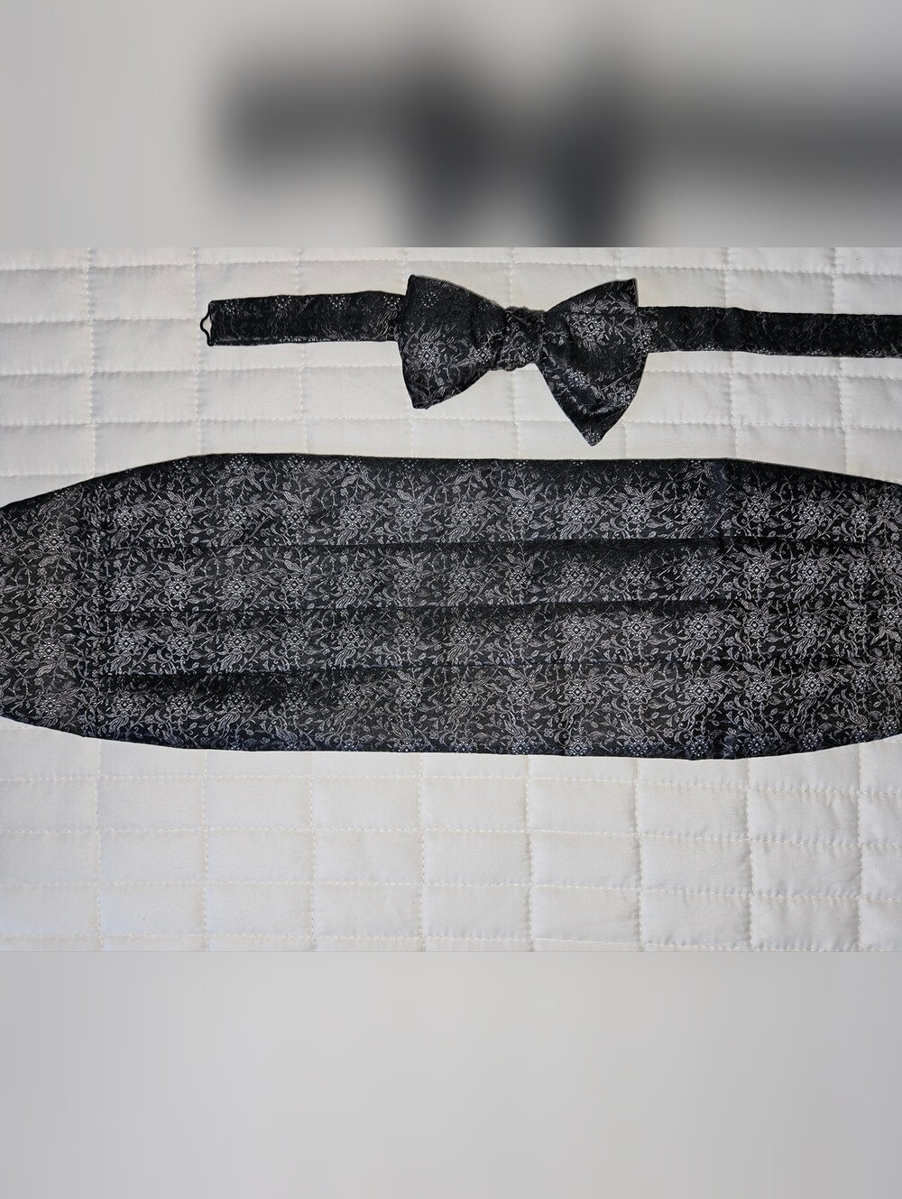 Neiman Marcus Vintage Black Floral Cummerbund and Bow Tie Set